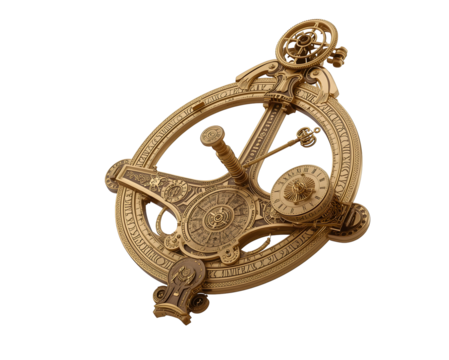 Detailed golden astrolabe rendering showcasing intricate design and astronomical precision