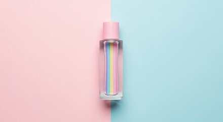 Elegant Perfume Bottle with Pastel Rainbow Stripes on Split Background
