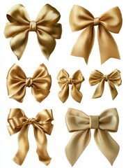 collection of eight golden satin bows in various styles and sizes isolated on a transparent background for decorative use and graphic design projects