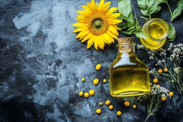 Still life with Olive Oil, Sunflower, Herbs on a Textured Dark Gray Surface