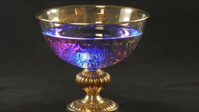 Elegance in a Glass: An exquisite crystal goblet filled with a mesmerizing liquid, reflecting light, revealing its delicate patterns and intricate design against a dark background.