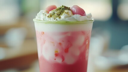 Lychee tea with cold foam and matcha topping in a clear glass  