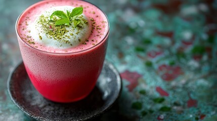 Cold foam lychee tea with matcha topped with mint leaf in glass  