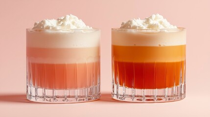 Twin glasses of cold foam tea with peach and jasmine on pink background  