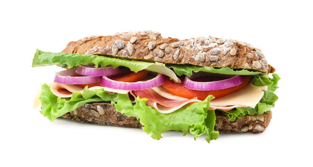 Tasty ciabatta sandwich with cheese and vegetables isolated on white