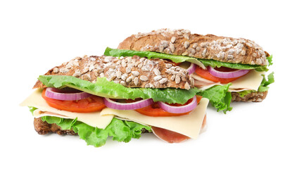 Tasty ciabatta sandwiches with cheese and vegetables isolated on white