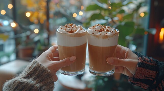 Mixed ethnicity couple clinking glasses of cold foam tea in cafe  