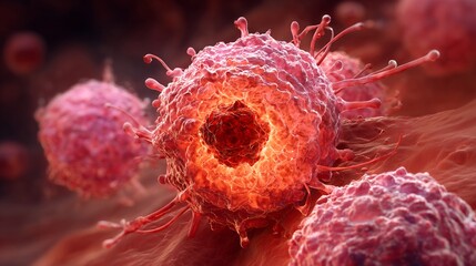 3d render of malignant brain cancer glioblastoma cells forming aggressive tumor mass highlighting necrotic core surrounding microvascular proliferation