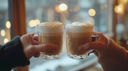 Mixed ethnicity couple toasting with cups of cold foam tea indoors  