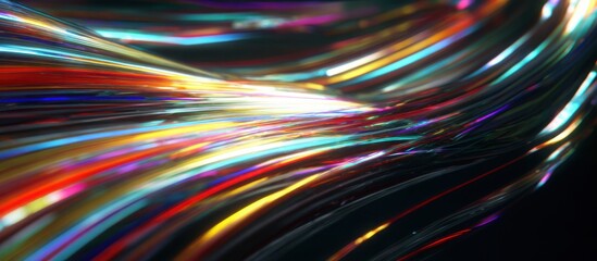 Ultra realistic abstract image of colorful ribbons of light flowing across the frame, symbolizing dynamic data visualization and information exchange