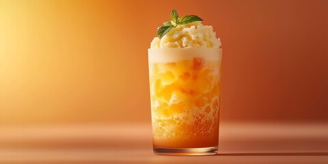 Cold foam tea with peach and plant-based protein in a glass  