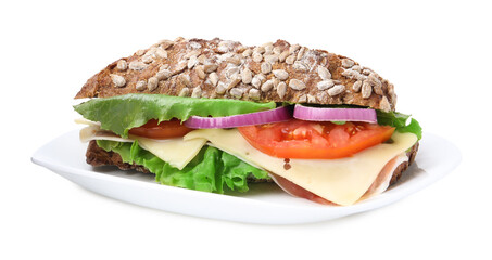 Tasty ciabatta sandwich with cheese and vegetables isolated on white