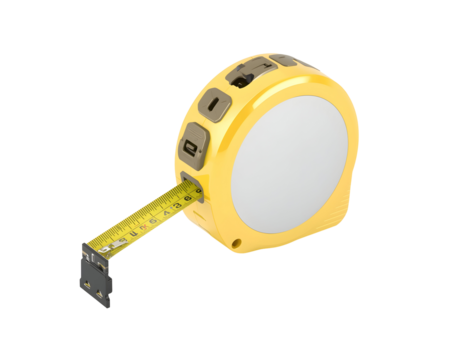 Detailed studio shot capturing a vibrant yellow tape measure isolated against a solid aesthetic