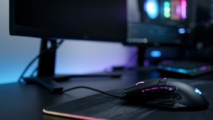 Close Up of Computer Gaming Setup With Monitor, Keyboard and Mouse on Desk