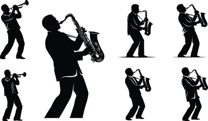 Musician silhouettes, jazz band illustration, saxophone players, trumpet performers, live music concept,  