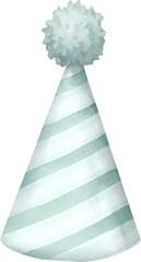 Watercolor striped party hat with pom on transparent background.
