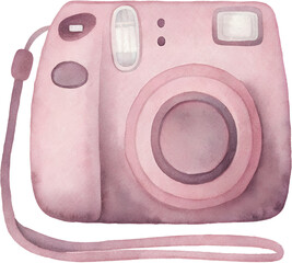 Watercolor illustration of a pink instant camera on transparent background.