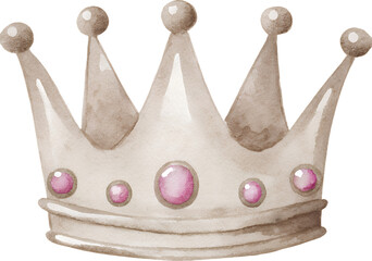 Watercolor crown with pink jewels on transparent background.