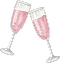 Watercolor toast with pink champagne on transparent background.