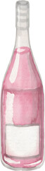 Watercolor pink champagne bottle on transparent background.