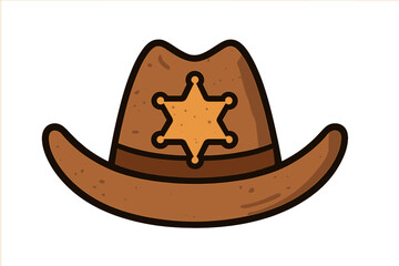 Cartoon sheriff hat with golden star badge, western cowboy peacekeeper symbol, vintage Wild West law enforcement, vector illustration with transparent background