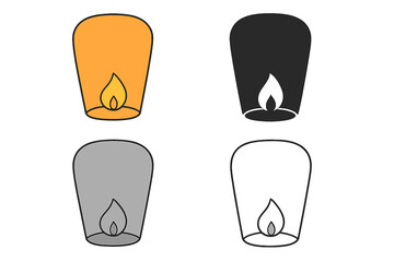 Sky lantern icon set in flat style with flame silhouette, flying paper lantern symbols isolated on white background, glowing light source vector illustration with transparent background for design