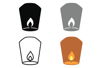 Sky lantern icon flat style vector illustration with fire flame light source symbol, transparent background isolated on white, glowing flying lantern design element