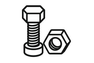 Structural bolt and hex nut icon in black silhouette isolated on white background. Build and repair construction symbol vector illustration. Mechanical fastener hardware design element.