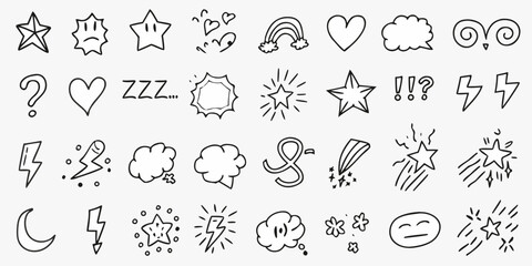 Collection of hand drawn doodle icons featuring stars hearts rainbows clouds lightning bolts and more