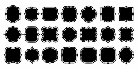 Collection of decorative black ornate frames and borders with white outlines on a white background