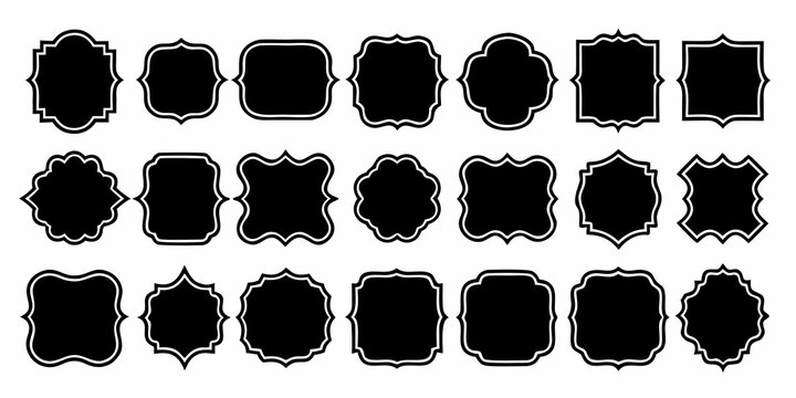 Collection of decorative black ornate frames and borders with white outlines on a white background