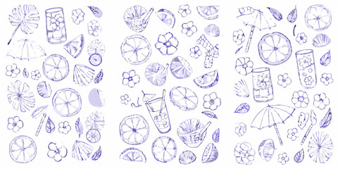 Summer vacation elements in purple watercolor style with lemons drinks flowers and umbrellas