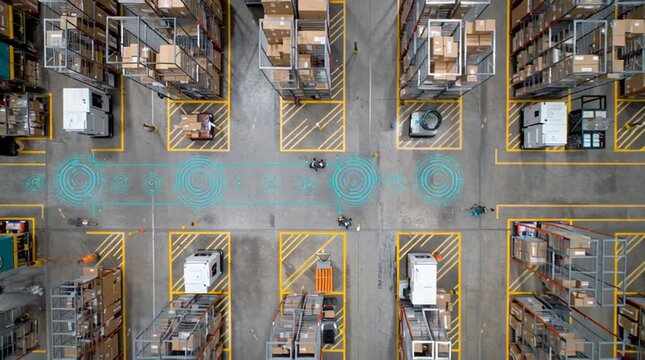 Top-down drone view of a highly organized warehouse floor where intelligent AGV robots navigate complex routes flawlessly, guided by a central AI system to ensure efficiency, precision, and zero colli