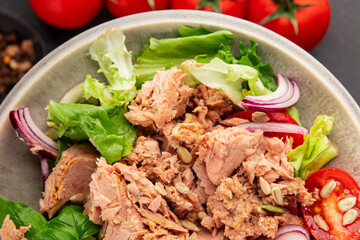 Tuna salad canned fish, tomato, green leaf salad vegetable dish natural tasty snack fresh gourmet food background on the table rustic top view copy space keto paleo diet vegetarian food pescetarian