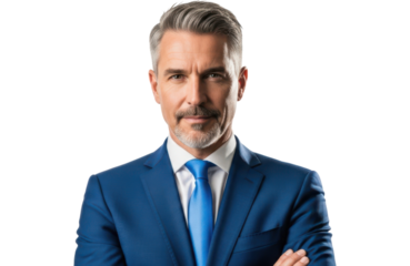 Mature caucasian man with gray hair and beard wearing a blue suit and tie, arms crossed, looking directly at the camera with a serious expression, isolated on transparent background