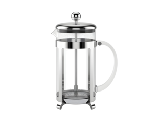 Elegant french press coffee maker showcasing a sleek design with chrome accents against a plain backdrop