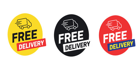 Graphic illustration of a free shipping or FREE DELIVERY offer with bold text and a prominent icon isolated on white background.