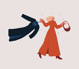 Cartoon vector illustration of a woman in a red dress with a handbag exploring a new look as a metaphor for personal style, renewal, and self-discovery