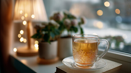 Obraz premium Hot tea after a walk, under soft warm light highlighting comfort and snowy return, serene winter scene, calm cozy lighting, with copy space