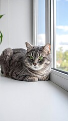Gray tabby cat resting on a window sill