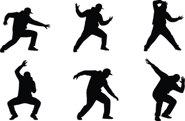 Silhouette hip hop dancer in dynamic street dance poses, energetic movement, urban choreography, modern performance art, expressive body motion illustration