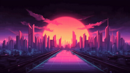 Neon Sunset Over a Futuristic Megacity