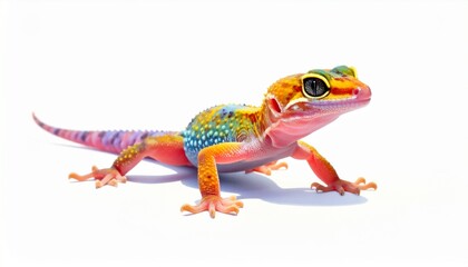 Fototapeta premium Colorful Gecko on White Background: A Vibrant Reptilian Portrait.