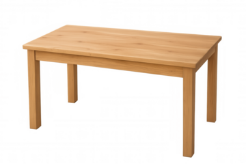 Wood rectangular dining table with light oak finish, isolated home furniture item on transparent background