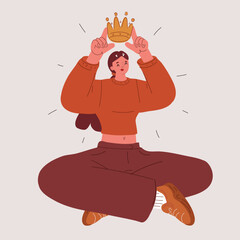Cartoon vector illustration of a woman putting a crown on her head as a metaphor for self-respect, confidence, and inner strength