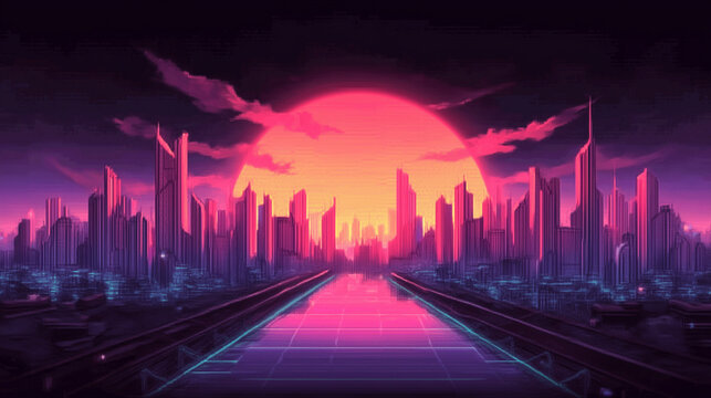 Neon Sunset Over a Futuristic Megacity