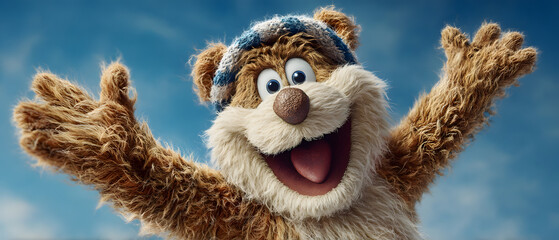 Happy Fluffy Bear Character with Open Arm in a Winter Hat against a Blue Sky