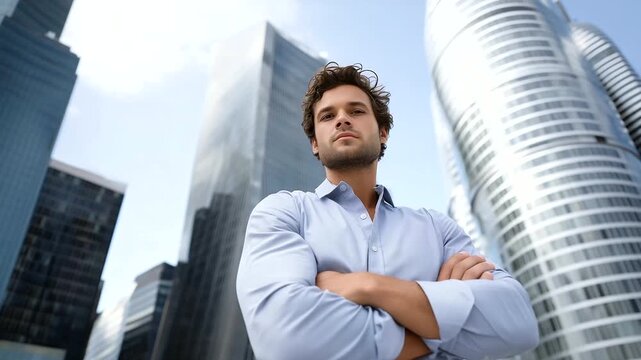 Ambitious young professional standing in big city, arms crossed, looking to the sky with confidence, symbol of motivation, leadership, and personal success. ambitious man, young pr
