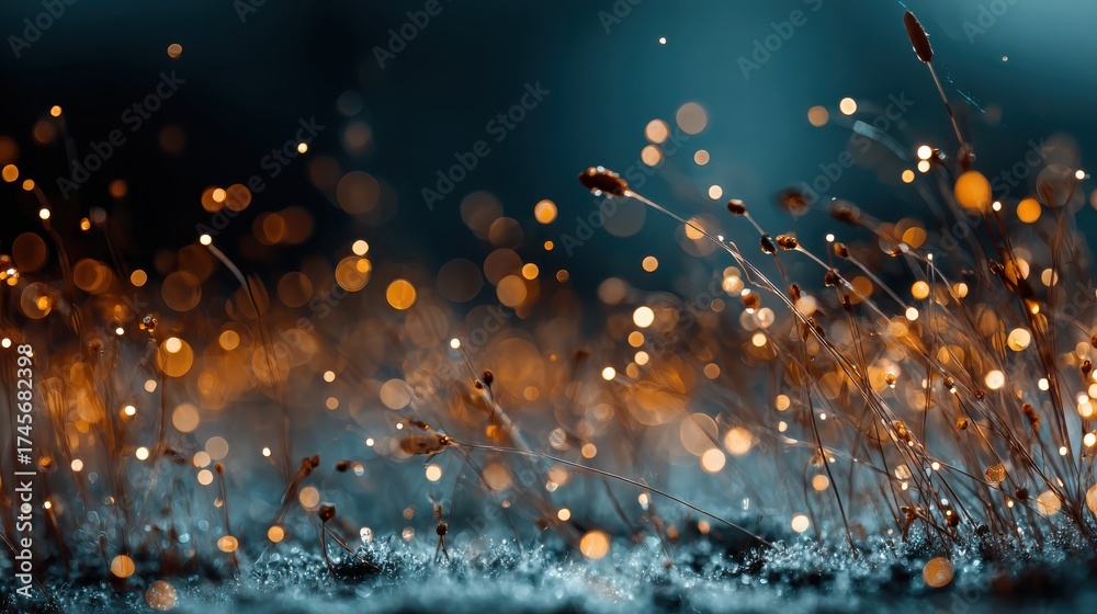 Poster shimmering digital particles in out of focus field of grass