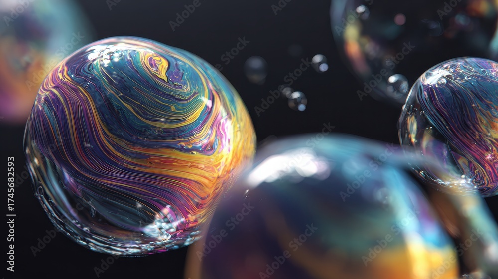 Canvas Prints close-up of swirling iridescent soap bubbles against dark background